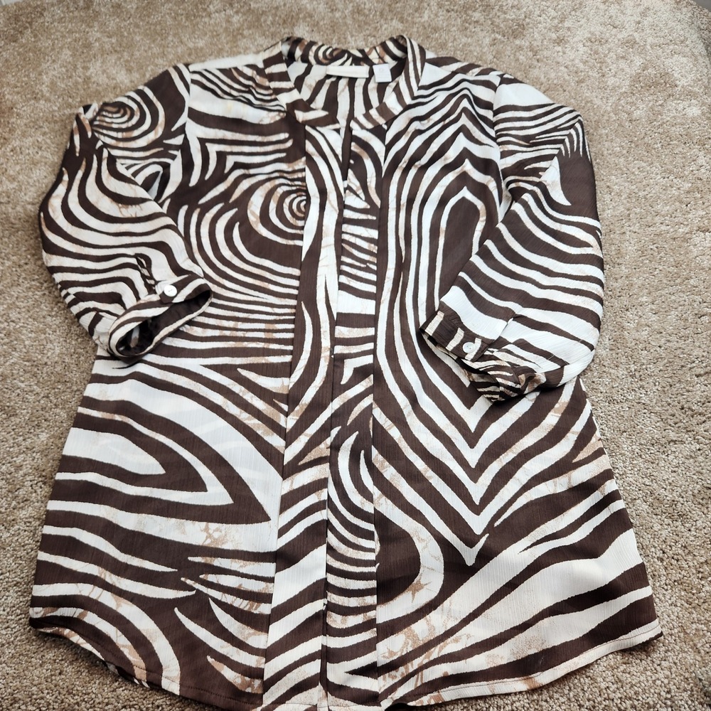 Chicos Brown White Zebra Swirl Print Button Front Tunic Blouse Size 0 Small